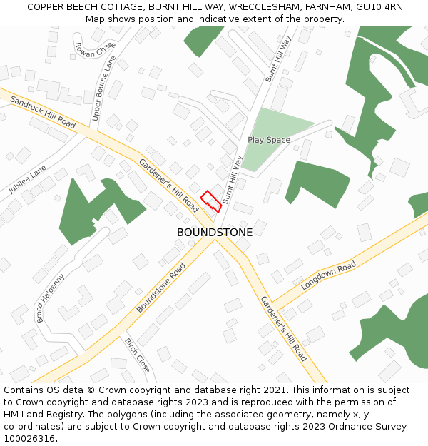COPPER BEECH COTTAGE, BURNT HILL WAY, WRECCLESHAM, FARNHAM, GU10 4RN: Location map and indicative extent of plot