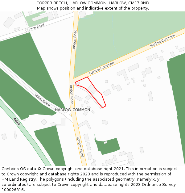 COPPER BEECH, HARLOW COMMON, HARLOW, CM17 9ND: Location map and indicative extent of plot