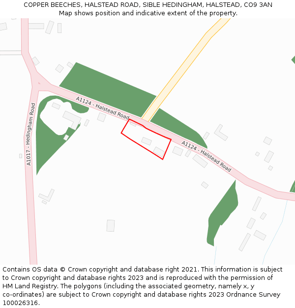 COPPER BEECHES, HALSTEAD ROAD, SIBLE HEDINGHAM, HALSTEAD, CO9 3AN: Location map and indicative extent of plot