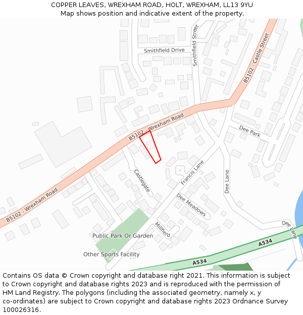 COPPER LEAVES, WREXHAM ROAD, HOLT, WREXHAM, LL13 9YU: Location map and indicative extent of plot