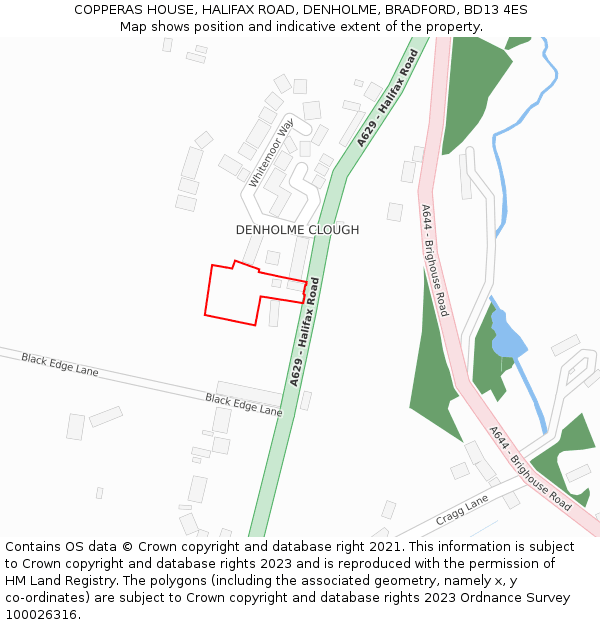 COPPERAS HOUSE, HALIFAX ROAD, DENHOLME, BRADFORD, BD13 4ES: Location map and indicative extent of plot
