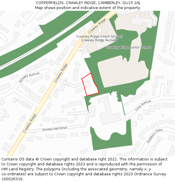 COPPERFIELDS, CRAWLEY RIDGE, CAMBERLEY, GU15 2AJ: Location map and indicative extent of plot