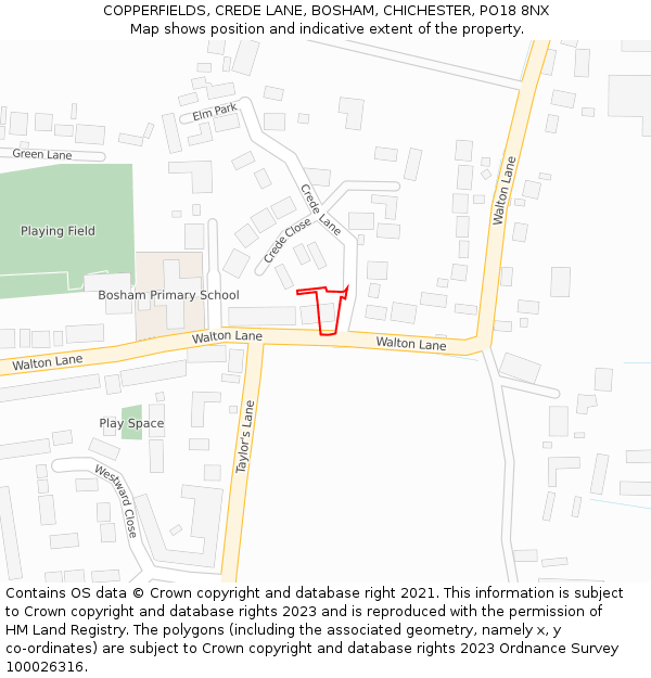 COPPERFIELDS, CREDE LANE, BOSHAM, CHICHESTER, PO18 8NX: Location map and indicative extent of plot