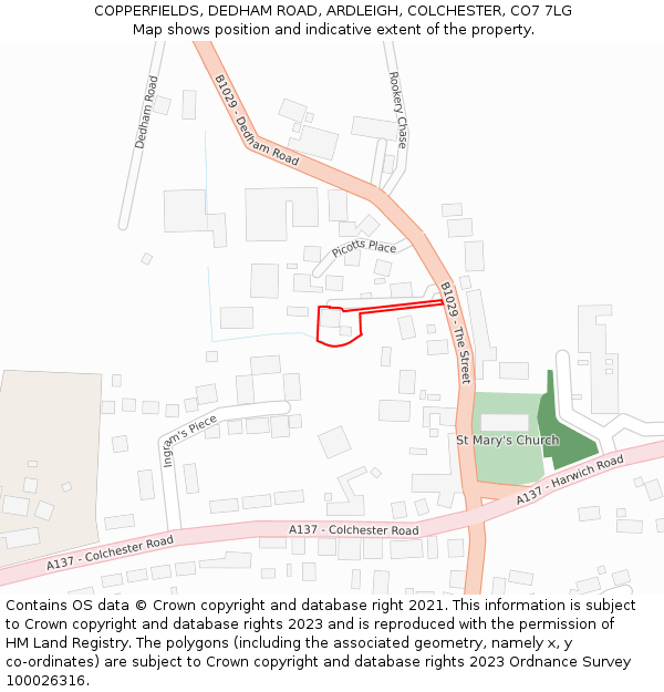 COPPERFIELDS, DEDHAM ROAD, ARDLEIGH, COLCHESTER, CO7 7LG: Location map and indicative extent of plot