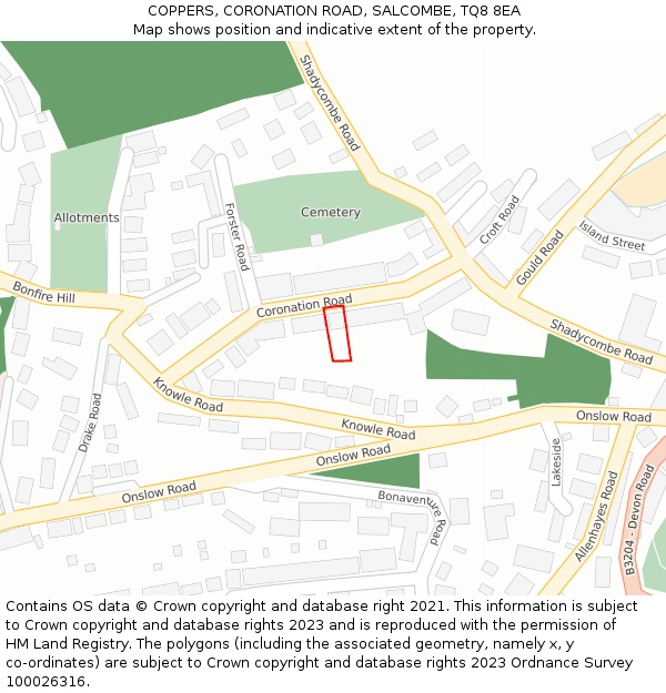 COPPERS, CORONATION ROAD, SALCOMBE, TQ8 8EA: Location map and indicative extent of plot