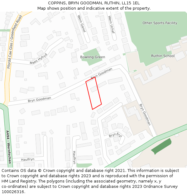 COPPINS, BRYN GOODMAN, RUTHIN, LL15 1EL: Location map and indicative extent of plot