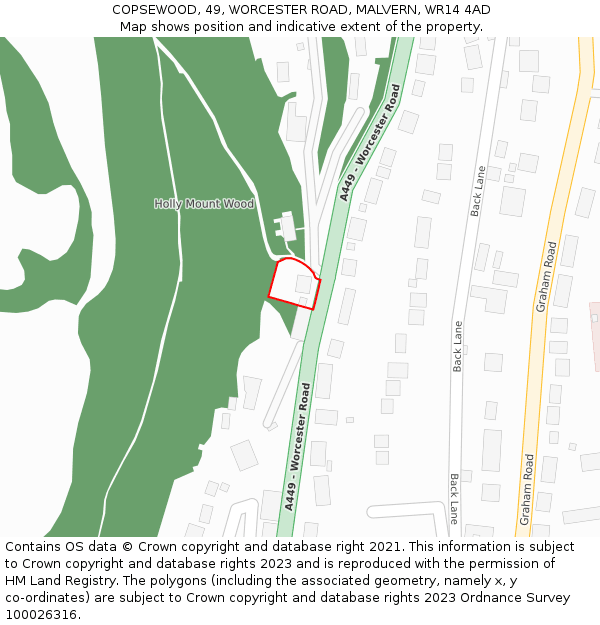 COPSEWOOD, 49, WORCESTER ROAD, MALVERN, WR14 4AD: Location map and indicative extent of plot