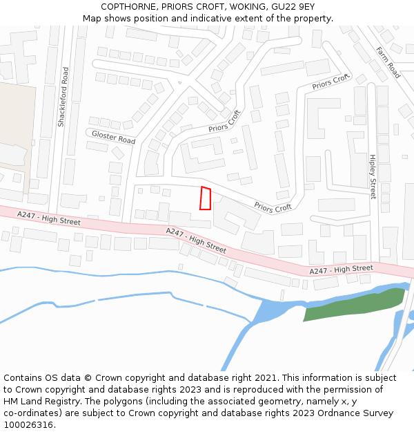 COPTHORNE, PRIORS CROFT, WOKING, GU22 9EY: Location map and indicative extent of plot