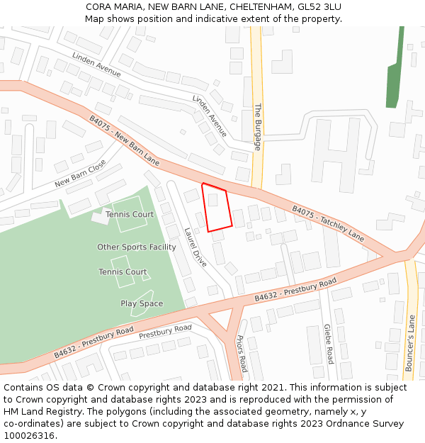 CORA MARIA, NEW BARN LANE, CHELTENHAM, GL52 3LU: Location map and indicative extent of plot