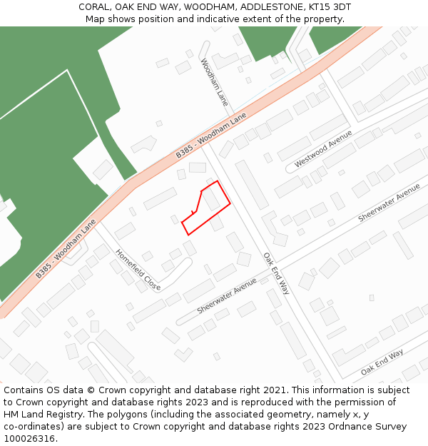 CORAL, OAK END WAY, WOODHAM, ADDLESTONE, KT15 3DT: Location map and indicative extent of plot