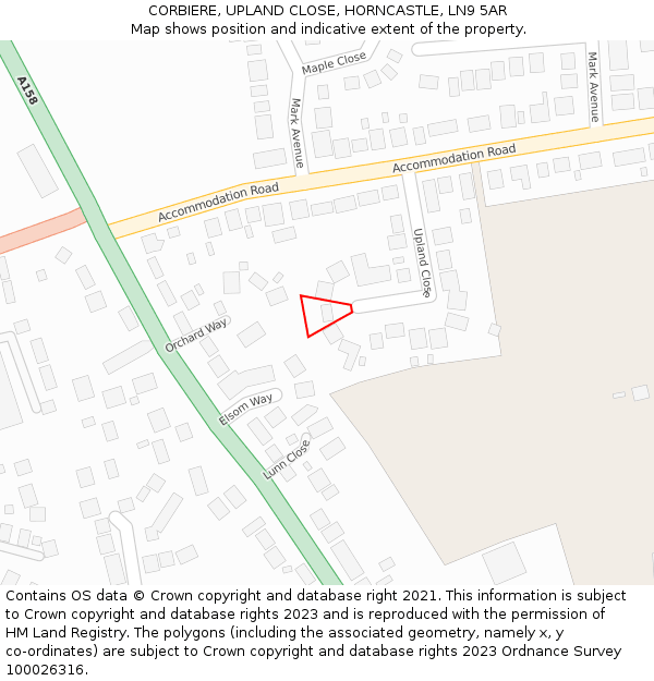 CORBIERE, UPLAND CLOSE, HORNCASTLE, LN9 5AR: Location map and indicative extent of plot