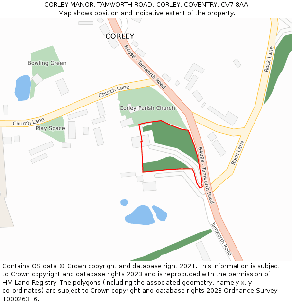 CORLEY MANOR, TAMWORTH ROAD, CORLEY, COVENTRY, CV7 8AA: Location map and indicative extent of plot