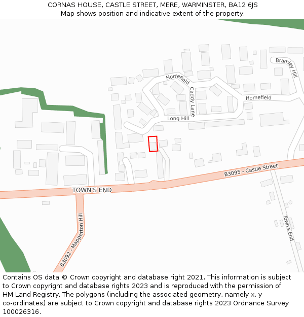 CORNAS HOUSE, CASTLE STREET, MERE, WARMINSTER, BA12 6JS: Location map and indicative extent of plot