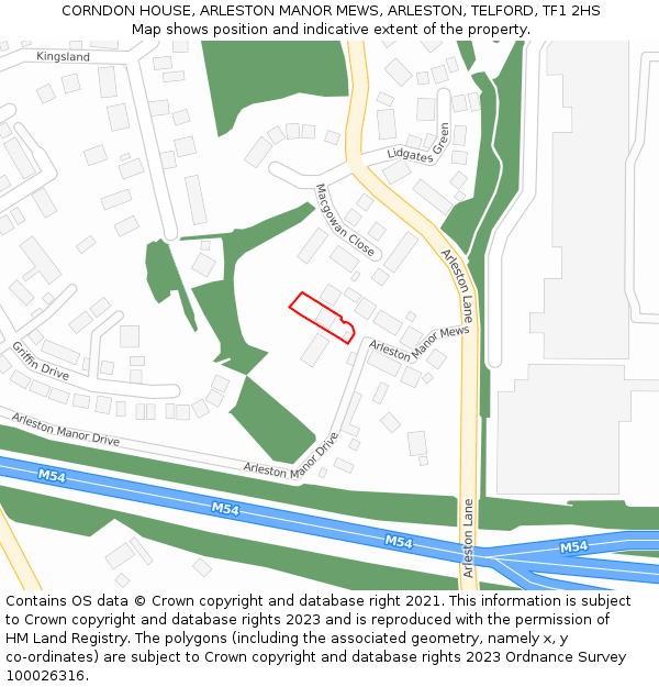 CORNDON HOUSE, ARLESTON MANOR MEWS, ARLESTON, TELFORD, TF1 2HS: Location map and indicative extent of plot