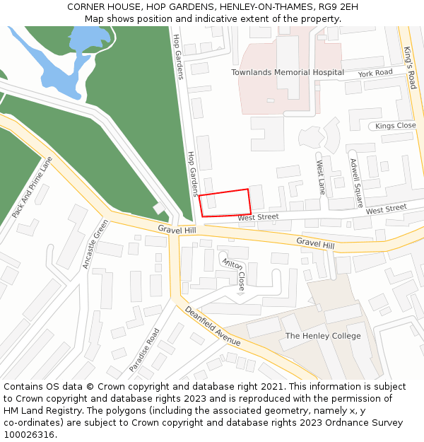 CORNER HOUSE, HOP GARDENS, HENLEY-ON-THAMES, RG9 2EH: Location map and indicative extent of plot