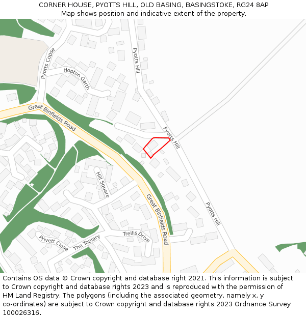 CORNER HOUSE, PYOTTS HILL, OLD BASING, BASINGSTOKE, RG24 8AP: Location map and indicative extent of plot