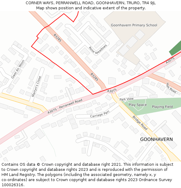 CORNER WAYS, PERRANWELL ROAD, GOONHAVERN, TRURO, TR4 9JL: Location map and indicative extent of plot