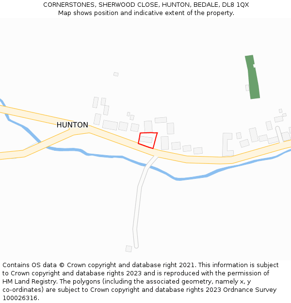 CORNERSTONES, SHERWOOD CLOSE, HUNTON, BEDALE, DL8 1QX: Location map and indicative extent of plot