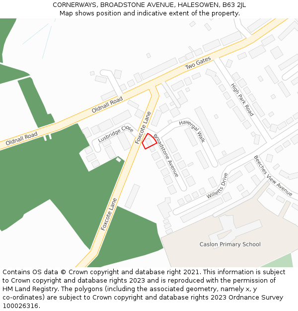 CORNERWAYS, BROADSTONE AVENUE, HALESOWEN, B63 2JL: Location map and indicative extent of plot