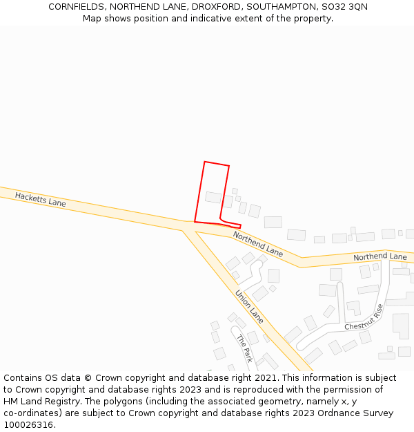 CORNFIELDS, NORTHEND LANE, DROXFORD, SOUTHAMPTON, SO32 3QN: Location map and indicative extent of plot