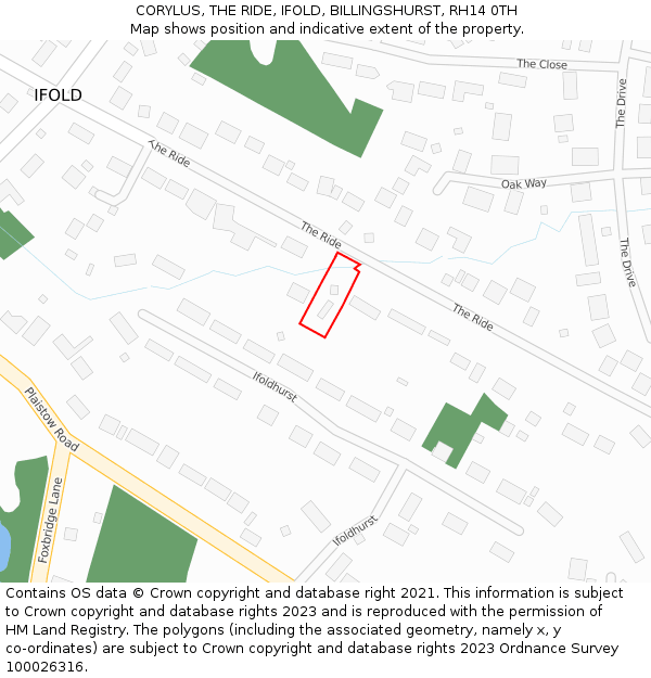 CORYLUS, THE RIDE, IFOLD, BILLINGSHURST, RH14 0TH: Location map and indicative extent of plot
