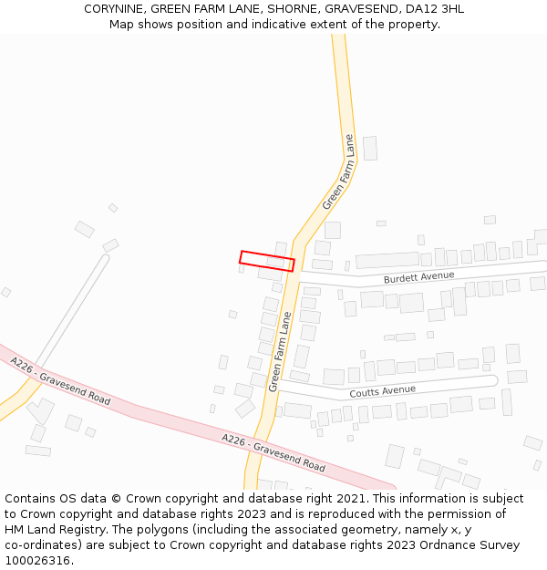 CORYNINE, GREEN FARM LANE, SHORNE, GRAVESEND, DA12 3HL: Location map and indicative extent of plot