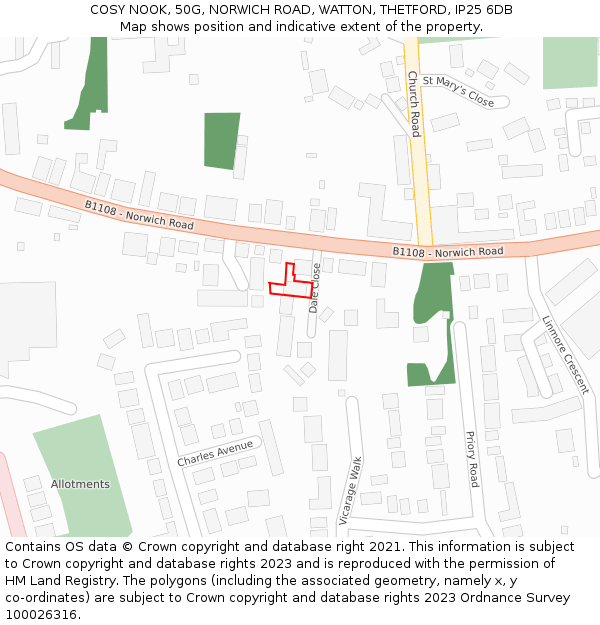 COSY NOOK, 50G, NORWICH ROAD, WATTON, THETFORD, IP25 6DB: Location map and indicative extent of plot