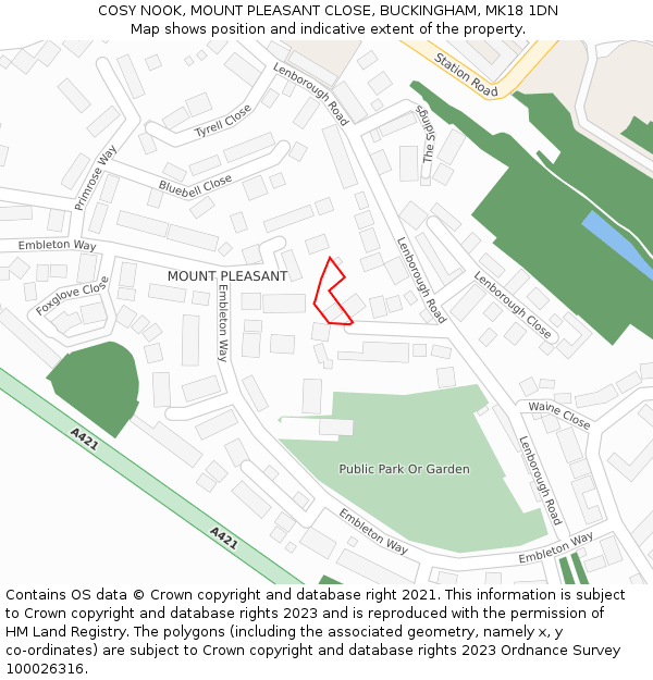 COSY NOOK, MOUNT PLEASANT CLOSE, BUCKINGHAM, MK18 1DN: Location map and indicative extent of plot