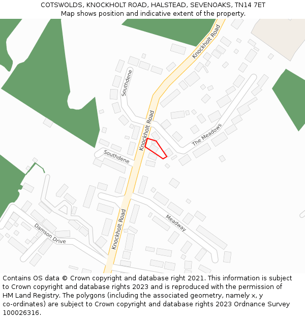 COTSWOLDS, KNOCKHOLT ROAD, HALSTEAD, SEVENOAKS, TN14 7ET: Location map and indicative extent of plot