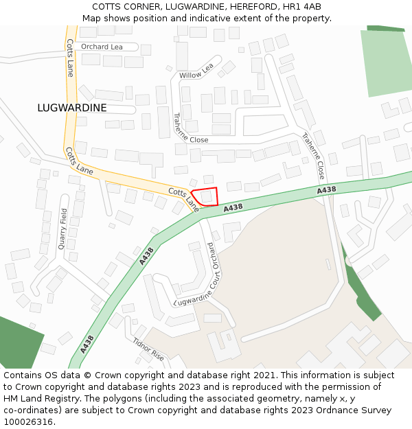 COTTS CORNER, LUGWARDINE, HEREFORD, HR1 4AB: Location map and indicative extent of plot