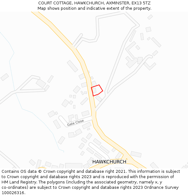 COURT COTTAGE, HAWKCHURCH, AXMINSTER, EX13 5TZ: Location map and indicative extent of plot