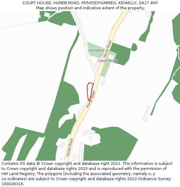 COURT HOUSE, HOREB ROAD, MYNYDDYGARREG, KIDWELLY, SA17 4NY: Location map and indicative extent of plot