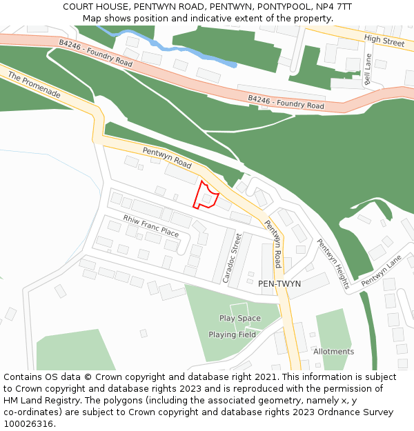 COURT HOUSE, PENTWYN ROAD, PENTWYN, PONTYPOOL, NP4 7TT: Location map and indicative extent of plot