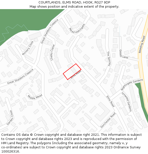 COURTLANDS, ELMS ROAD, HOOK, RG27 9DP: Location map and indicative extent of plot