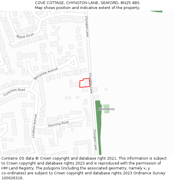 COVE COTTAGE, CHYNGTON LANE, SEAFORD, BN25 4BS: Location map and indicative extent of plot