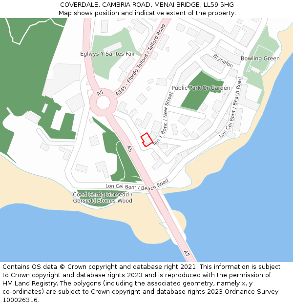 COVERDALE, CAMBRIA ROAD, MENAI BRIDGE, LL59 5HG: Location map and indicative extent of plot