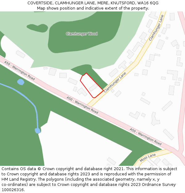 COVERTSIDE, CLAMHUNGER LANE, MERE, KNUTSFORD, WA16 6QG: Location map and indicative extent of plot