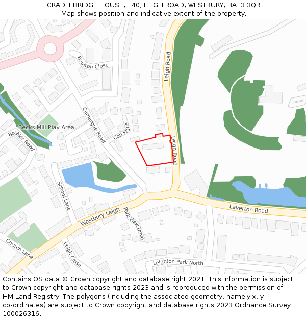 CRADLEBRIDGE HOUSE, 140, LEIGH ROAD, WESTBURY, BA13 3QR: Location map and indicative extent of plot