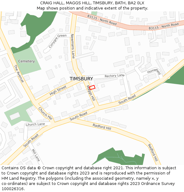 CRAIG HALL, MAGGS HILL, TIMSBURY, BATH, BA2 0LX: Location map and indicative extent of plot