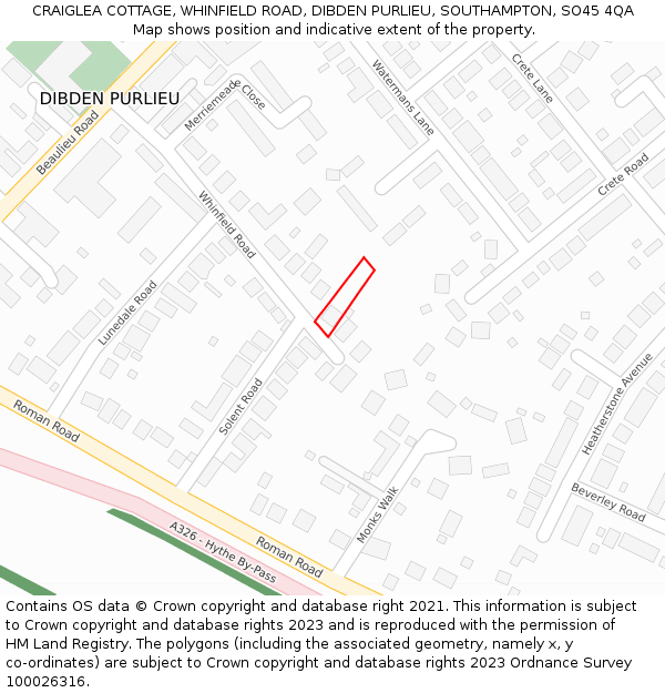 CRAIGLEA COTTAGE, WHINFIELD ROAD, DIBDEN PURLIEU, SOUTHAMPTON, SO45 4QA: Location map and indicative extent of plot