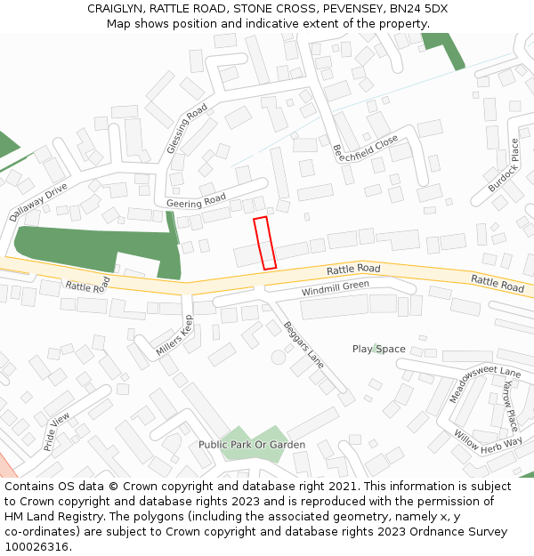 CRAIGLYN, RATTLE ROAD, STONE CROSS, PEVENSEY, BN24 5DX: Location map and indicative extent of plot