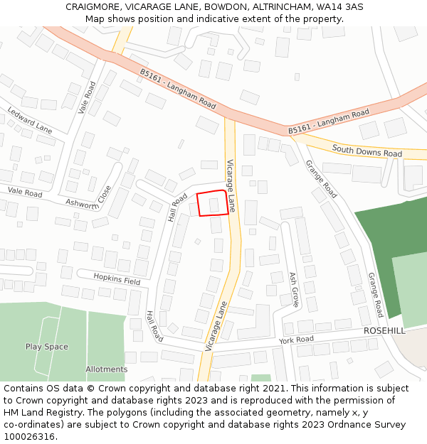 CRAIGMORE, VICARAGE LANE, BOWDON, ALTRINCHAM, WA14 3AS: Location map and indicative extent of plot