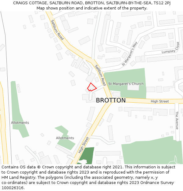 CRAIGS COTTAGE, SALTBURN ROAD, BROTTON, SALTBURN-BY-THE-SEA, TS12 2PJ: Location map and indicative extent of plot