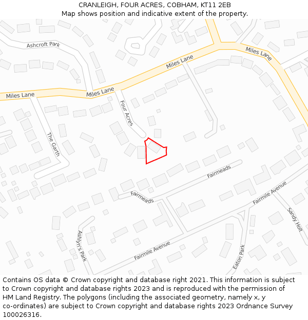 CRANLEIGH, FOUR ACRES, COBHAM, KT11 2EB: Location map and indicative extent of plot