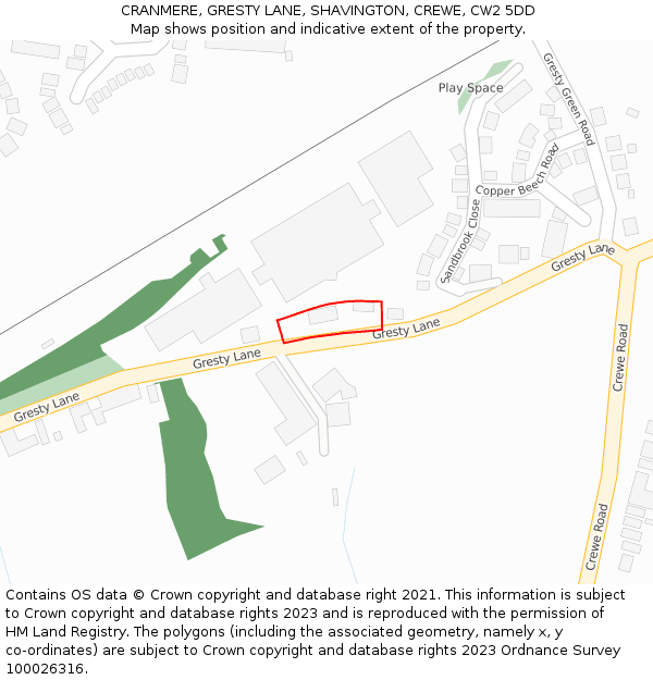 CRANMERE, GRESTY LANE, SHAVINGTON, CREWE, CW2 5DD: Location map and indicative extent of plot