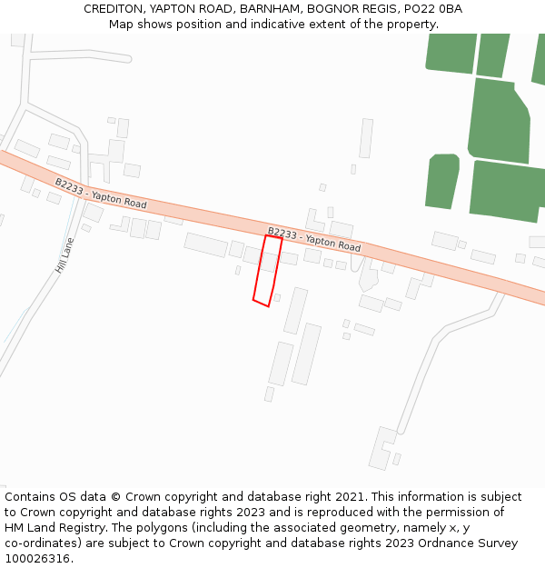 CREDITON, YAPTON ROAD, BARNHAM, BOGNOR REGIS, PO22 0BA: Location map and indicative extent of plot