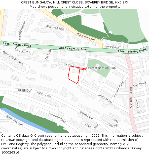 CREST BUNGALOW, HILL CREST CLOSE, SOWERBY BRIDGE, HX6 2FX: Location map and indicative extent of plot