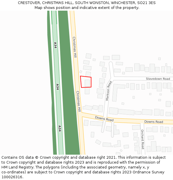 CRESTOVER, CHRISTMAS HILL, SOUTH WONSTON, WINCHESTER, SO21 3ES: Location map and indicative extent of plot