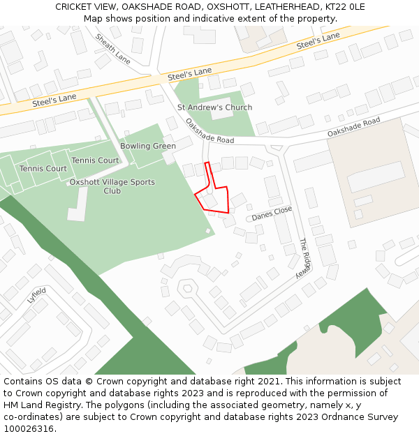 CRICKET VIEW, OAKSHADE ROAD, OXSHOTT, LEATHERHEAD, KT22 0LE: Location map and indicative extent of plot