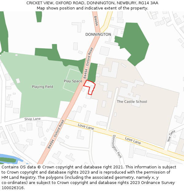 CRICKET VIEW, OXFORD ROAD, DONNINGTON, NEWBURY, RG14 3AA: Location map and indicative extent of plot